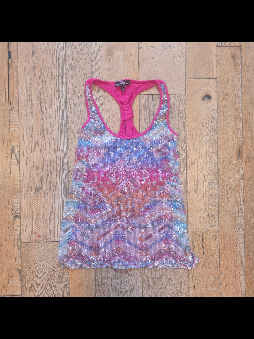 Vintage Almost Famous Pink Multicolor Sequin Racerback Tank mcbling scene rave